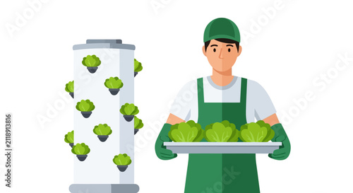 Male Farmer Holding Fresh Lettuce Tray Next to Vertical Hydroponic Growing Tower, Sustainable Urban Agriculture Concept