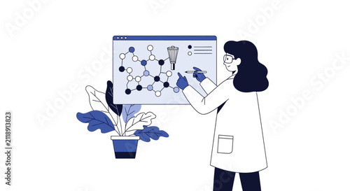 Female Scientist Analyzing Molecular Structure Illustration for Biotechnology and Medical Research Concepts