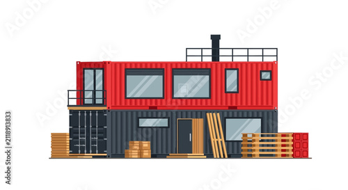 Modern Two-Story Shipping Container House Illustration; Sustainable Modular Home Design with Red and Grey Containers, Windows, and Balcony on White Background