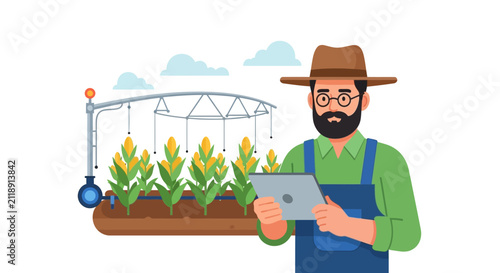Modern Smart Farming Concept: Male Farmer Using Digital Tablet for Automated Irrigation in Corn Field Illustration