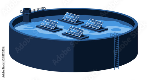 Isometric Illustration of Floating Solar Panels on a Water Reservoir for Sustainable Energy Generation and Eco-Friendly Infrastructure