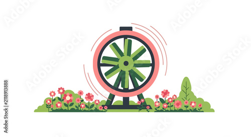 Flat Vector Illustration of a Spinning Hamster Wheel in a Garden with Pink Flowers, Concept of Routine, Progress, and the Rat Race