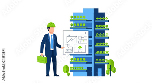 Architect in Hardhat Planning Sustainable Eco-Friendly Building with Vertical Gardens and Green Spaces; Urban Green Construction and Smart City Concept Vector Illustration