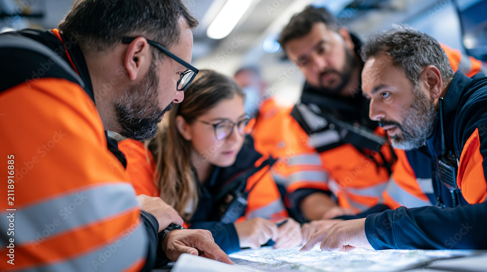 Obraz premium Search and rescue team members of varied nationalities gathered around a map table in a busy urban operations center at dusk, radios crackling, determined expressions exchanged across the lit map su