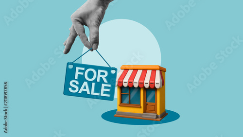 Foto Small Business for Sale Concept with Retail Store and Hand Holding For Sale Sign
