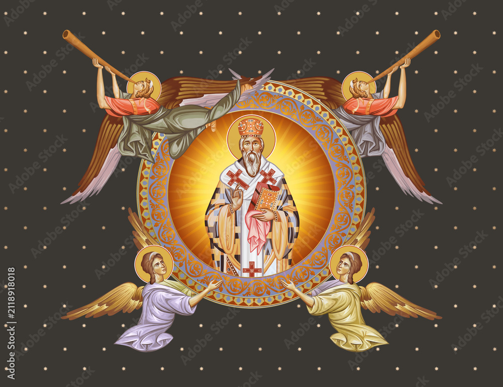 Obraz premium Basil of Ostrog. Decorative vintage illustration with angels in Byzantine style
