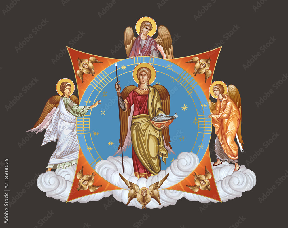 Obraz premium Archangel Raphael. Illustration in Byzantine style with angels and seraphim