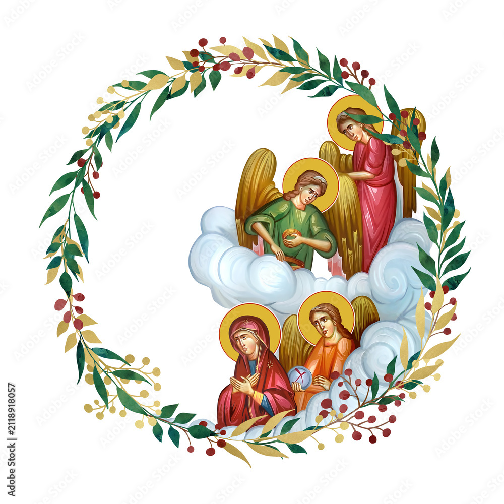 Fototapeta premium Blessed Virgin Mary and Angels. Decorative vintage floral wreath, illustration in Byzantine style isolated