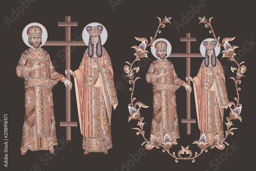 Saint Constantine and Helena. Christian pastel illustration set in Byzantine style isolated