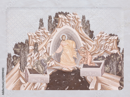 Resurrection of Jesus. Christian illustration in Byzantine style in pastel colors