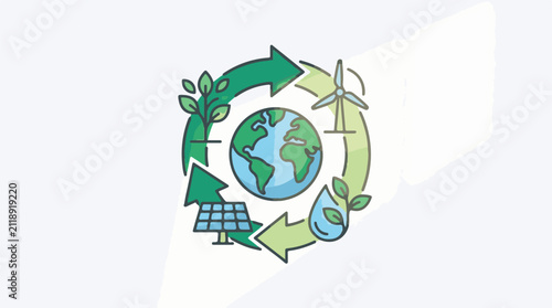 A circular flow diagram shows Earth solar panel wind turbine water droplet and plants