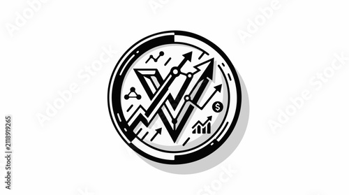 A circular emblem with upward trending graphs arrows and dollar sign