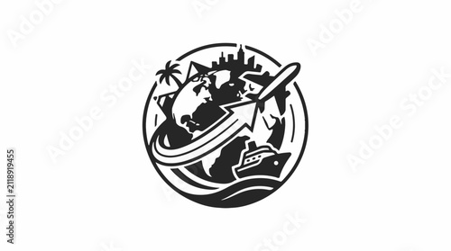 A circular emblem depicts global travel with an airplane ship and city skyline