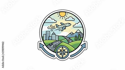 A circular emblem depicts a journey from city to nature