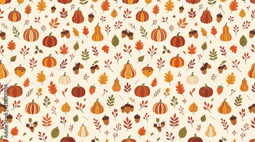 Seamless pattern featuring hand drawn pumpkins and autumn leaves on a light background perfect for seasonal thanksgiving textile design and wrapping paper
