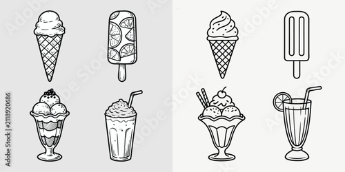 Hand drawn ice cream and cold beverage icons set with summer treats and dessert illustrations