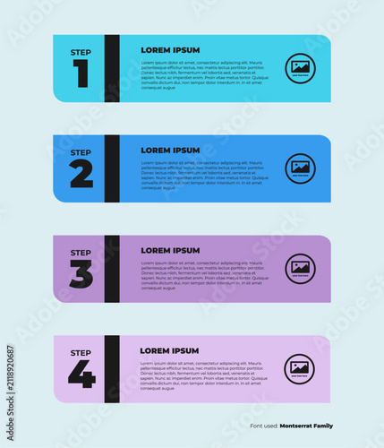 Business infographic timeline vector illustration with four steps, colorful horizontal banners with black vertical divider bars over light blue background