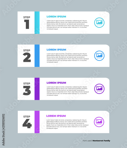 Business infographic timeline vector illustration with four steps, white horizontal banners with colorful vertical divider bars over gray background