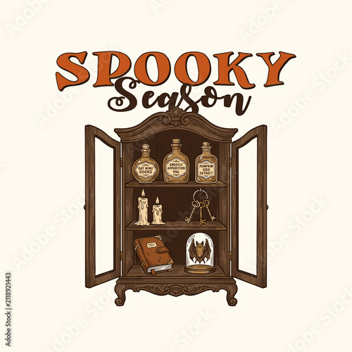 Canvastavla Retro Spooky Season Halloween apothecary cabinet with potion bottles, old books,