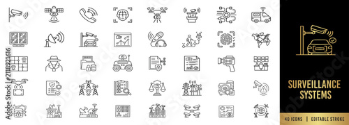 Photography Surveillance systems and CCTV monitoring line icon set, editable stroke