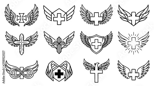 Konstfotografi Winged Cross Emblems Set - Christian Symbols and Heraldic Designs