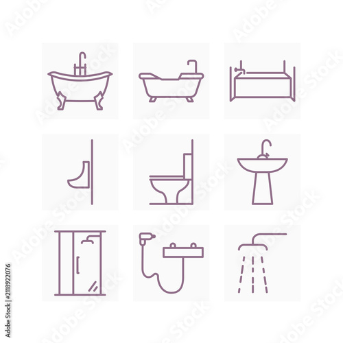 Nine vector linear icons of ceramic sanitary ware, bathroom faucets, and toilet fixtures.