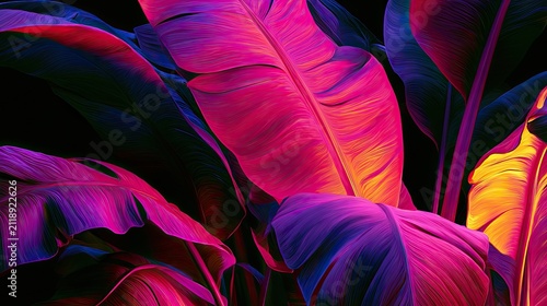Vibrant, glowing tropical foliage illuminated with neon pink and yellow light