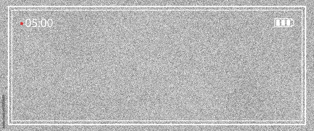 Naklejka premium Camera screen with rec frame and grey static. Fine noise fills a wide tv viewfinder with timestamp and battery icon. Vintage vector camera rec overlay for video interface or presentation slide