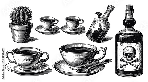 Bottle vector icon set with poison and cups, skeleton