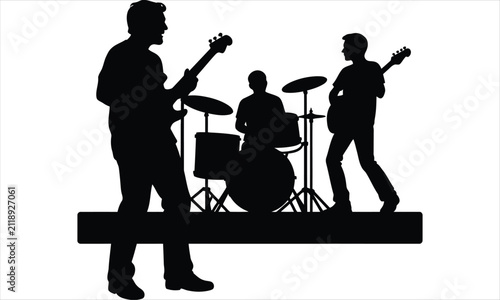 Live Rock Band Performance with Singer and Musicians Silhouette Vector Illustration