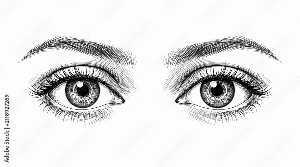 Fototapeta premium Hand-drawn female eyes with long eyelashes and eyebrows, realistic pencil sketch vector illustration, detailed human eye anatomy for beauty and makeup branding
