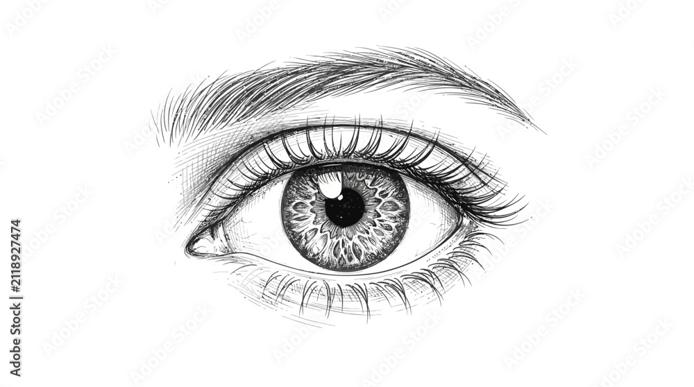 Obraz premium Detailed hand drawn human eye vector illustration, realistic pencil sketch of female eye with long eyelashes, anatomical eye drawing for medical or beauty design