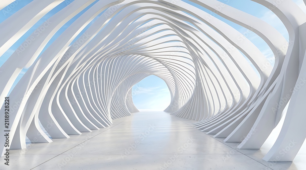 Naklejka premium Futuristic white architectural tunnel with organic curved structures and bright natural light at the end