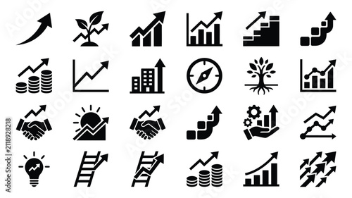 Canvastavla Business Growth and Finance Icons Set - Chart Arrow Silhouette Vector Illustrati