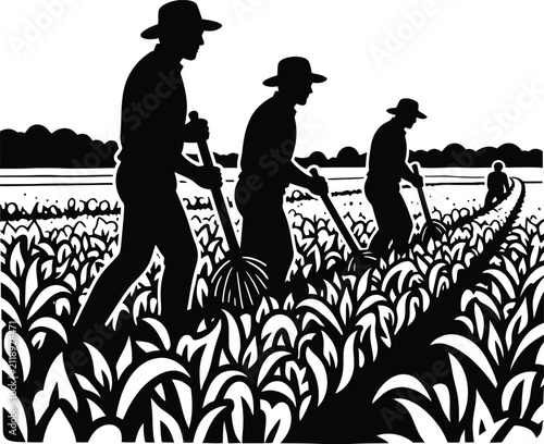 Farmer Harvesting Wheat Field Silhouette Vector Illustration