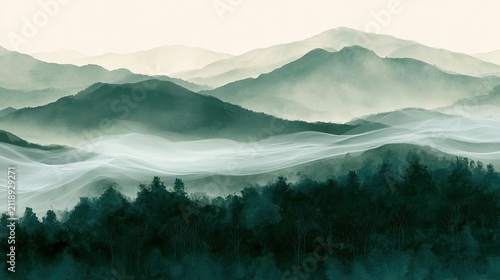 Misty, layered mountains rise above a dark, dense forest canopy