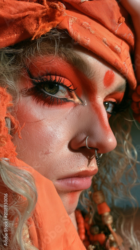 Close Up Portrait With Orange Headscarf and Makeup.