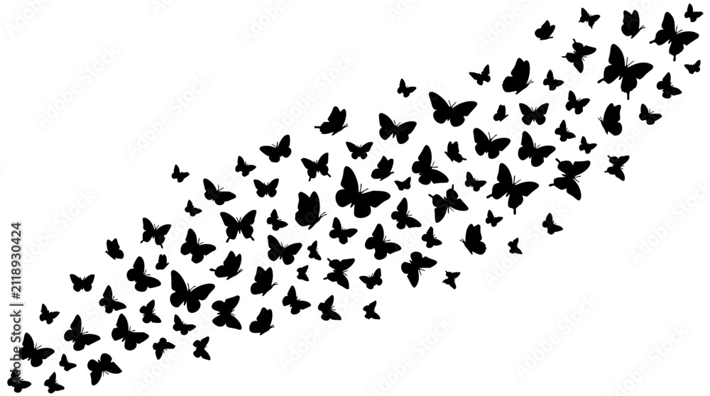 Obraz premium Butterfly silhouettes floating in air set with minimalist black outlines featuring delicate wings, monochrome design, and clean vector art with soft shadows