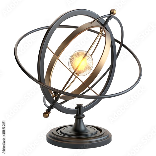 Vintage metal armillary sphere table lamp with glowing edison bulb isolated on white background armillary astrolabe navigation