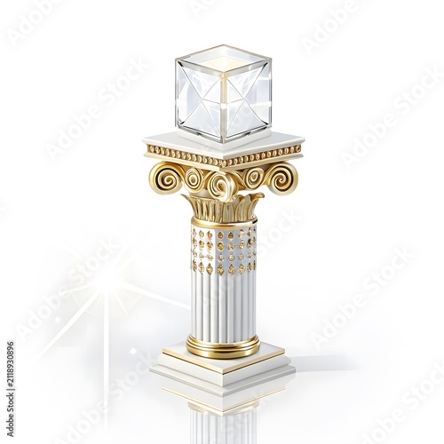 Glass cube sculpture resting on ornate roman column pedestal with golden details sculpture pedestal classical decoration