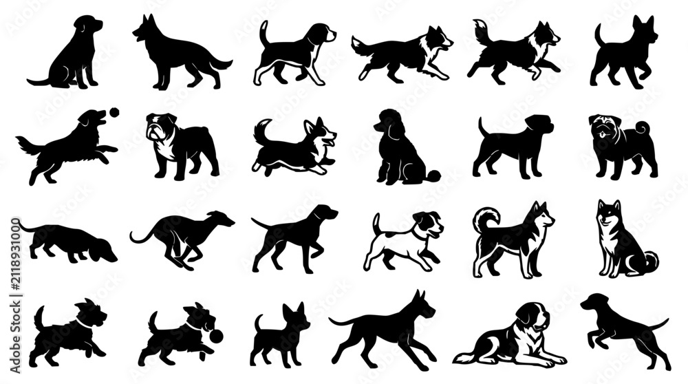 Obraz premium Black dog silhouettes set with geometric grid featuring canine shapes, monochrome outlines, and symmetrical arrangement with clean vector style and isolated backgrounds