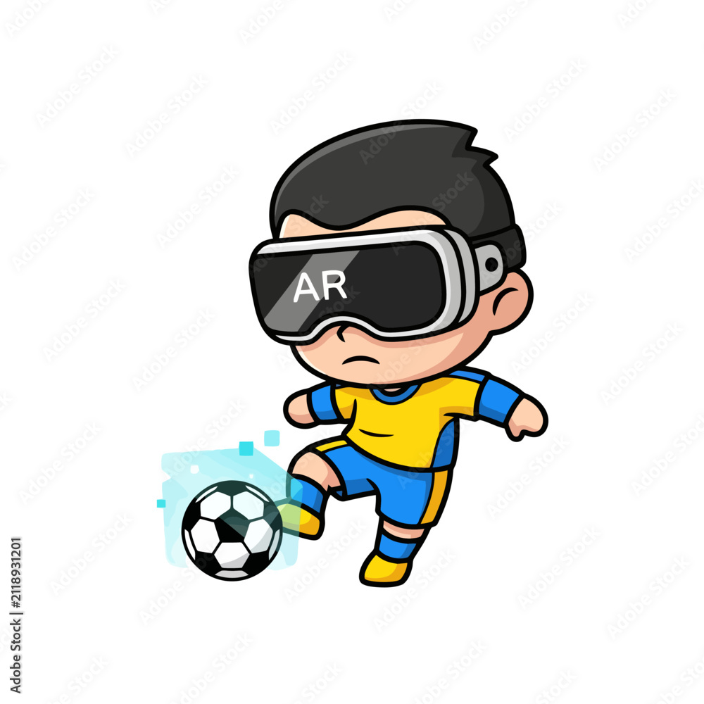 Obraz premium Cute cartoon boy playing soccer with AR glasses.