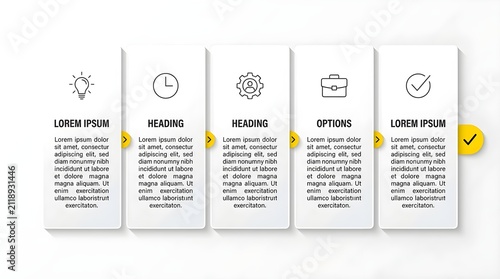 Five step infographic design with icons and text boxes for business presentation and project management workflow process