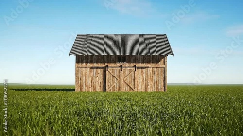 Surreal Wooden Barn with Unique Roof Design in a Vast Green Field Under a Bright Blue Sky - Artistic Rural Landscape Scene