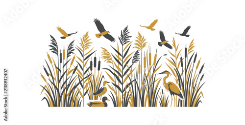 Flat Design Wetland Scene with Flying Birds and Ducks