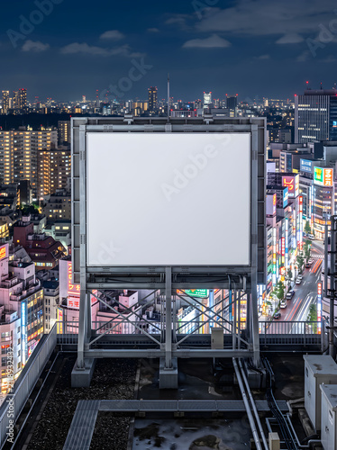 Square Billboard Mockup Structure on High Rise Rooftop with Night City Background