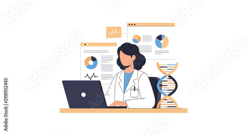 Medical Scientist or Researcher Working on Laptop with DNA Helix and Health Data Charts, Biotechnology and Bioinformatics Vector Illustration