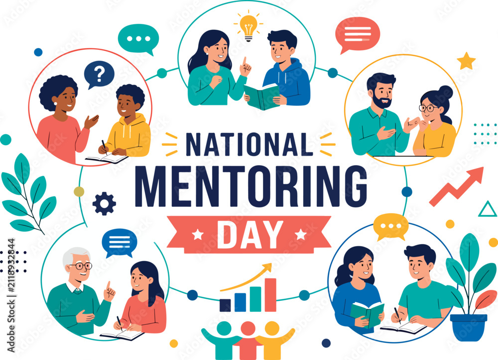 Fototapeta premium National Mentoring Day Vector Illustration Featuring Diverse Mentors Mentees And Leadership Symbols In Flat Design Style
