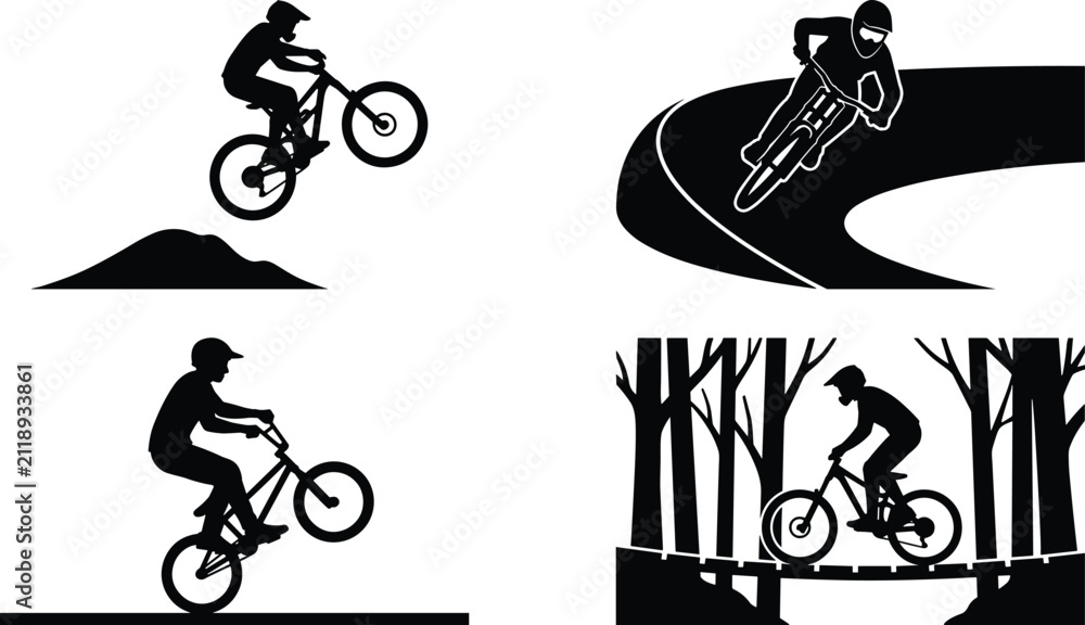Fototapeta premium Silhouette illustration set of mountain bike and bmx riders performing jumps turns and trail riding