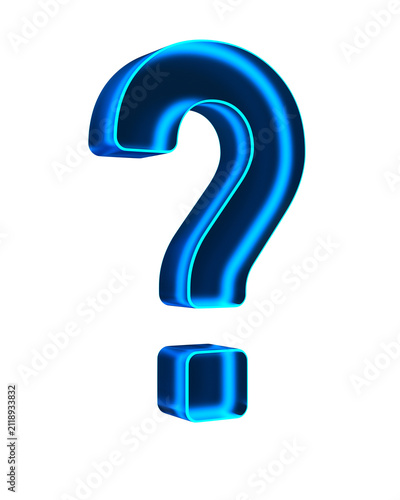 Neon glass question mark on white background. 3D illustration